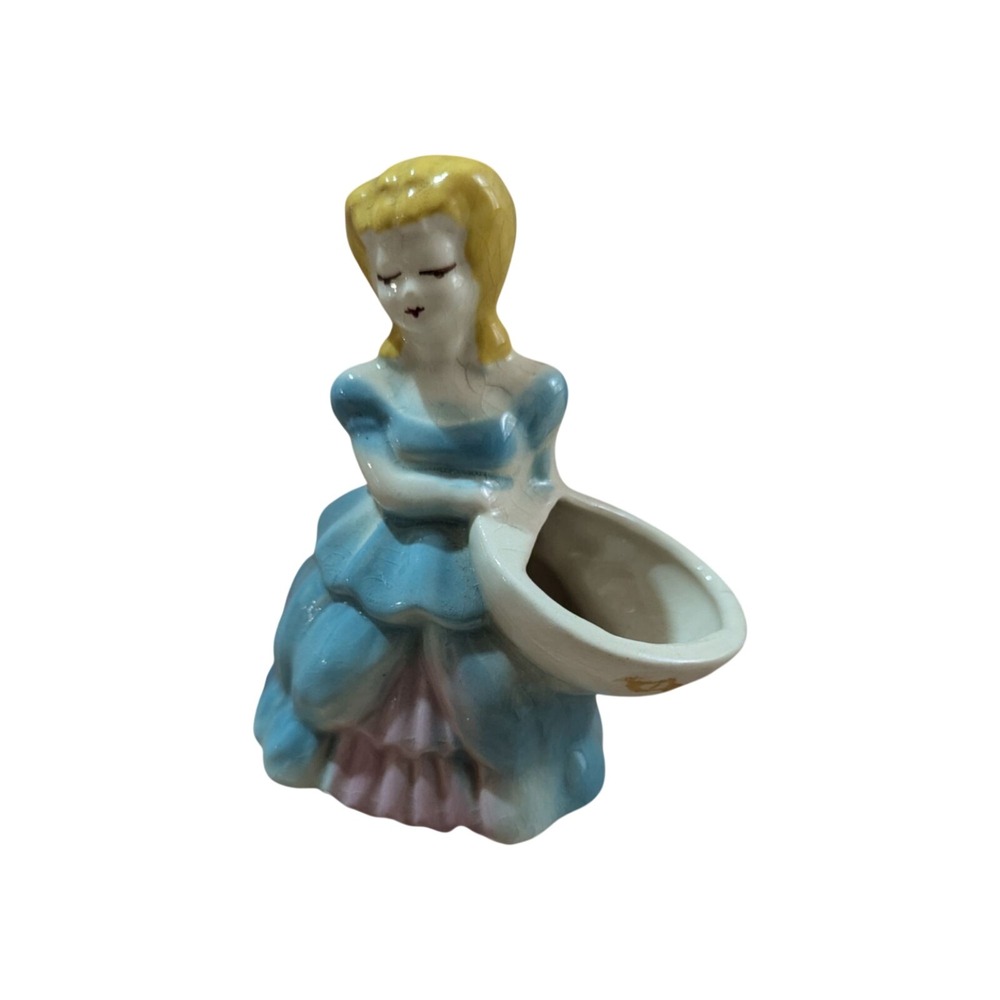 Vintage Ceramic Lady‎ Figurine Planter Blue Pink Dress Mid Century Decor 5.5in